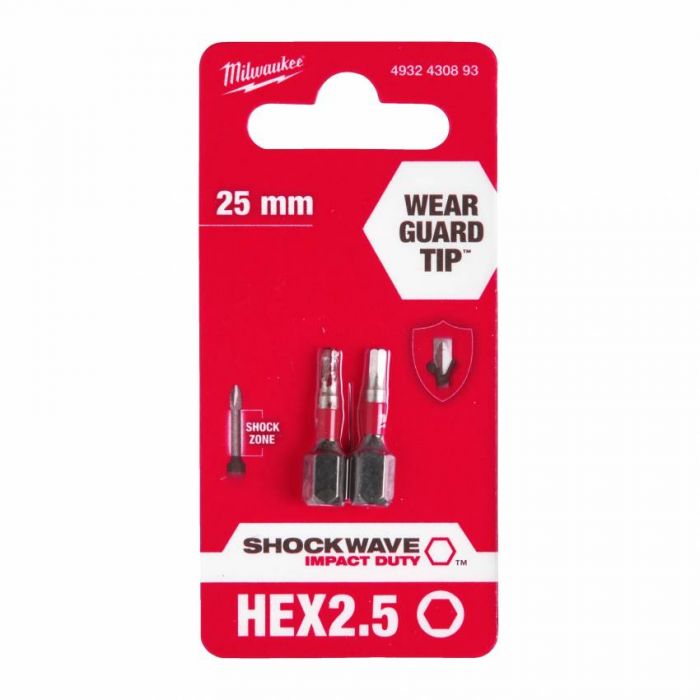 Біта SHOCKWAVE MILWAUKEE, Hex2,5, 25мм, (2шт)