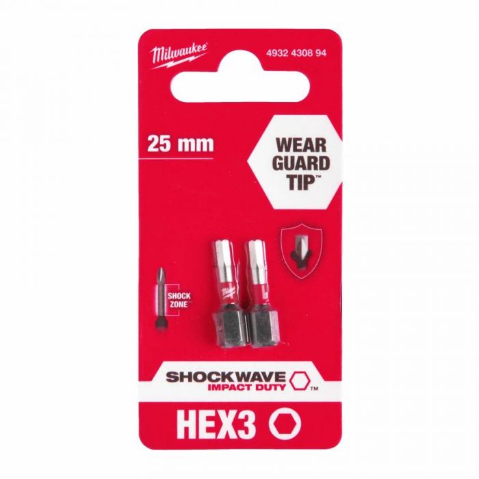 Бита SHOCKWAVE MILWAUKEE, Hex3, 25мм, (2шт)