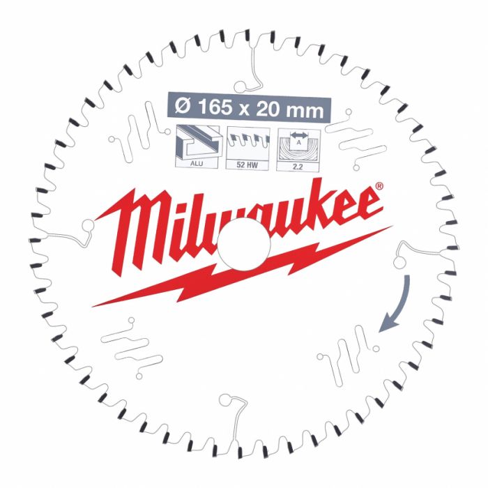 Диск пильний Alu PFTE MILWAUKEE, Ø165х20х2, 2мм, 52 зуб.