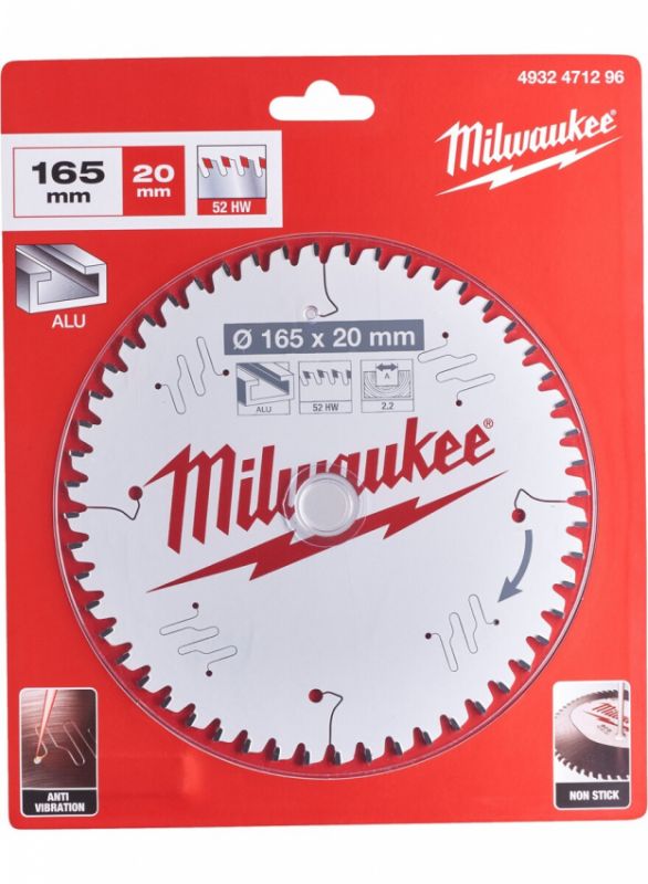 Диск пильний Alu PFTE MILWAUKEE, Ø165х20х2, 2мм, 52 зуб.