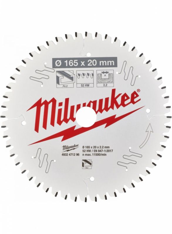 Диск пильний Alu PFTE MILWAUKEE, Ø165х20х2, 2мм, 52 зуб.