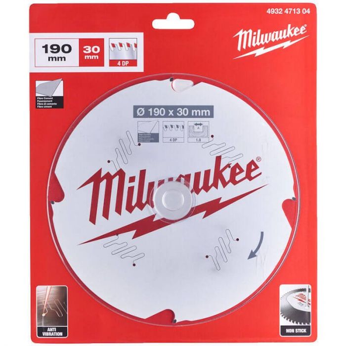 Диск пильний MILWAUKEE, Ø190/30мм/1,8мм, 4 зуб., по фіброцементу