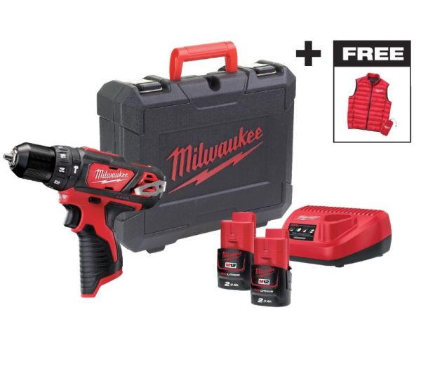 Дриль-шурупокрут з ударом акумуляторний MILWAUKEE, M12 BPD-202C (+ заряд.пристрій, 2 акум., кейс) + жилетка