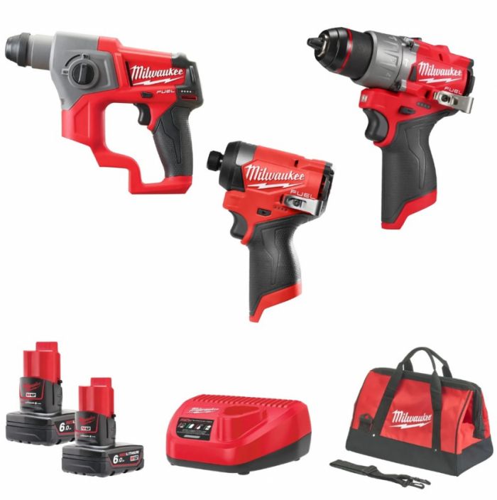 Набір інструментів акумуляторних MILWAUKEE, M12FPP3D-601B  (зарядний пристрій С12, 2 акумулятора М12 6Аг, дриль-шурповерт з удар