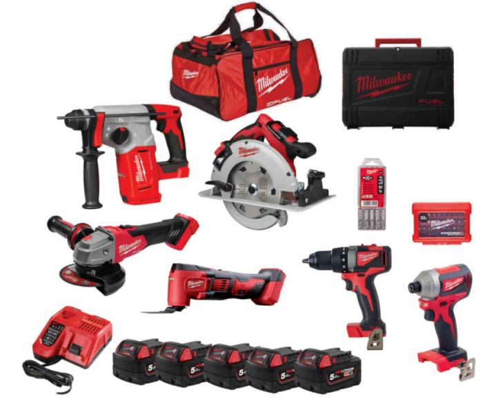 Набір інструментів акумуляторних MILWAUKEE, M18 FPP6E-505B (5 акумуляторів M18 B5 5 Аг, зарядний пристрій M12-18 FC, дриль-шуруп